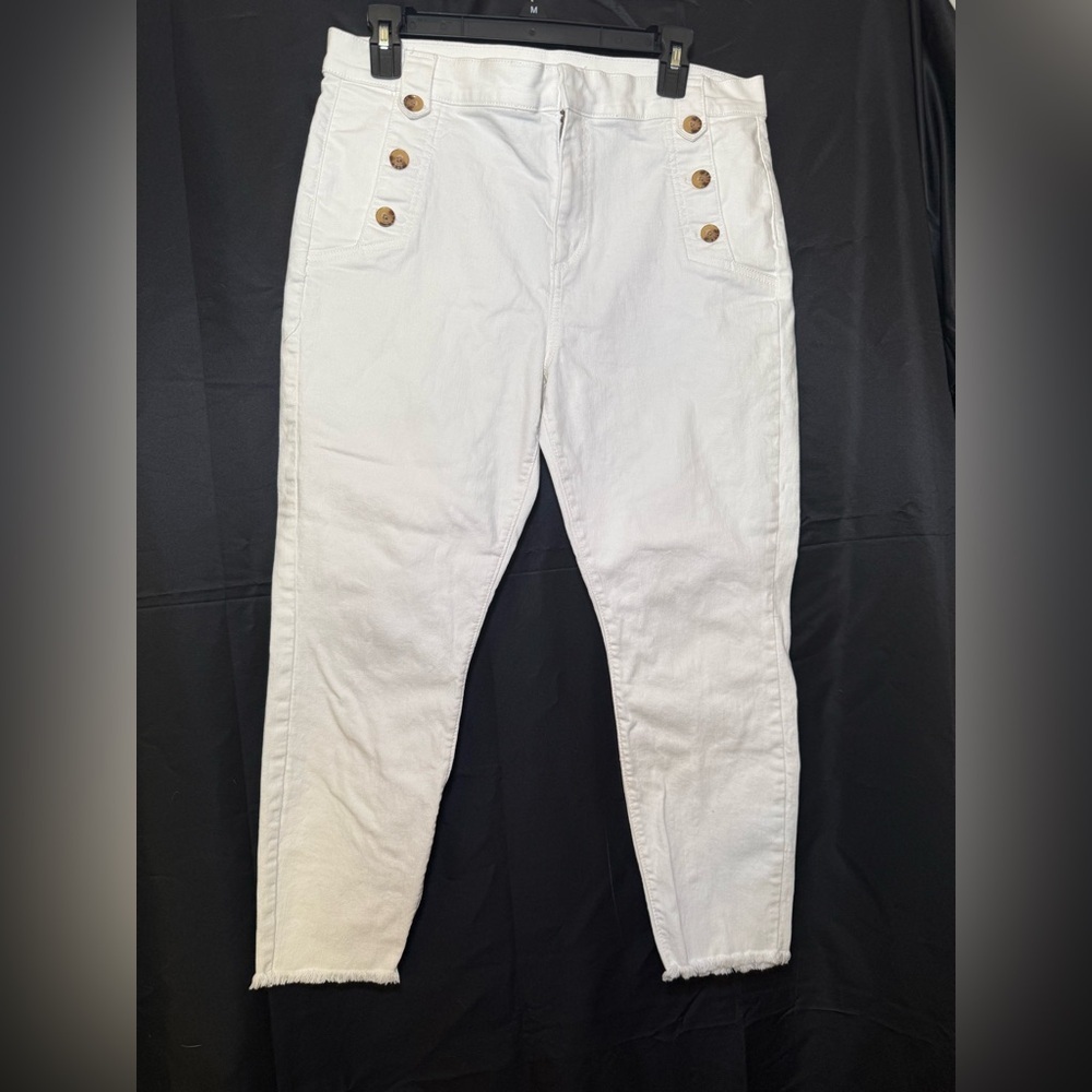 Loft Woman’s Sz 12 -31 White Sailor Style Jeans Ankle Raw Hem Skinny High Waist